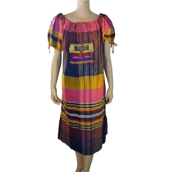 Vintage Dresses & Skirts - Vtg 80s bright woven madras plaid ethnic Preppy dress